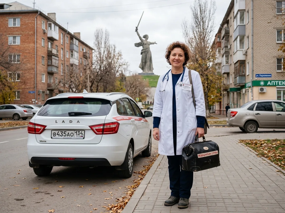 Врач-нарколог в белом халате с добрым выражением лица, готовый к выезду в Волгограде