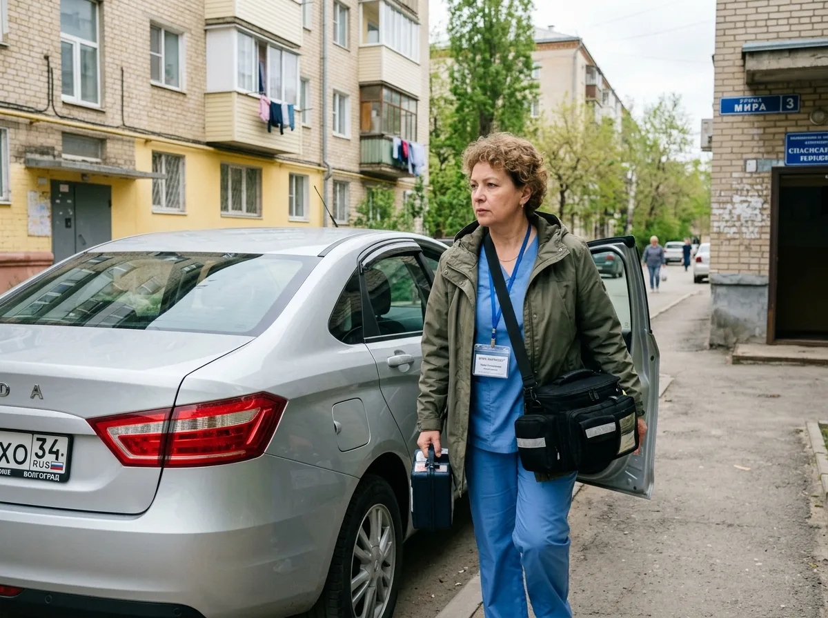 Нарколог с медицинским чемоданом выходит из автомобиля, готов к выезду на вызов в Волгограде, дневной свет